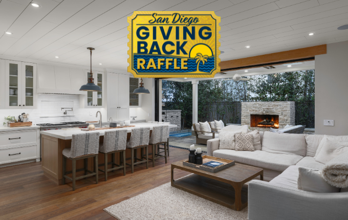 San Diego Giving Back Raffle logo on picture of living room