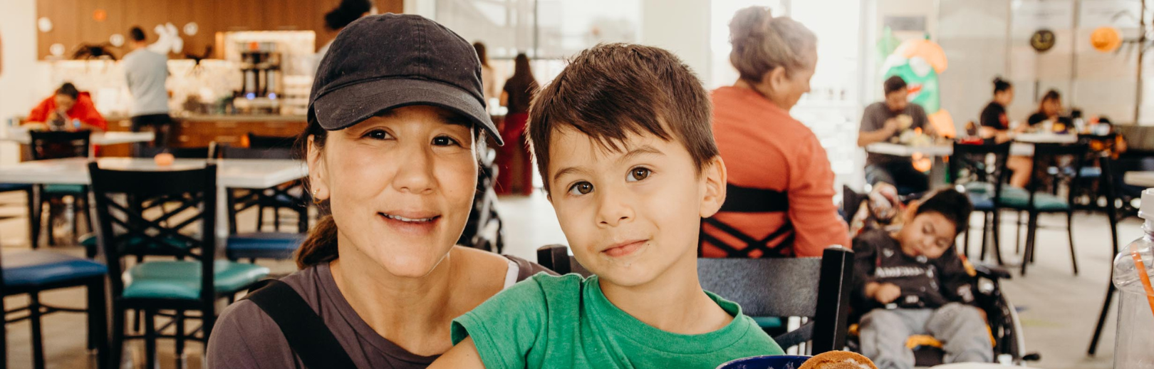 Mom and son in cafeteria
