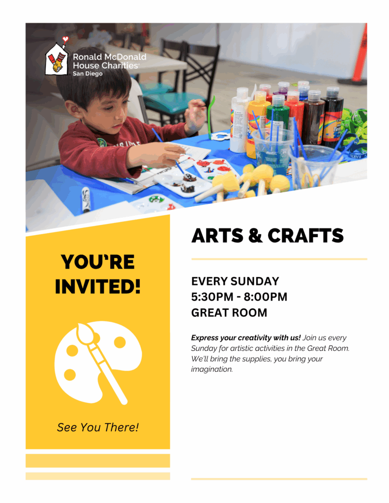 boy painting, invitation to join us weekly on sunday from 5:30-8 for arts and crafts