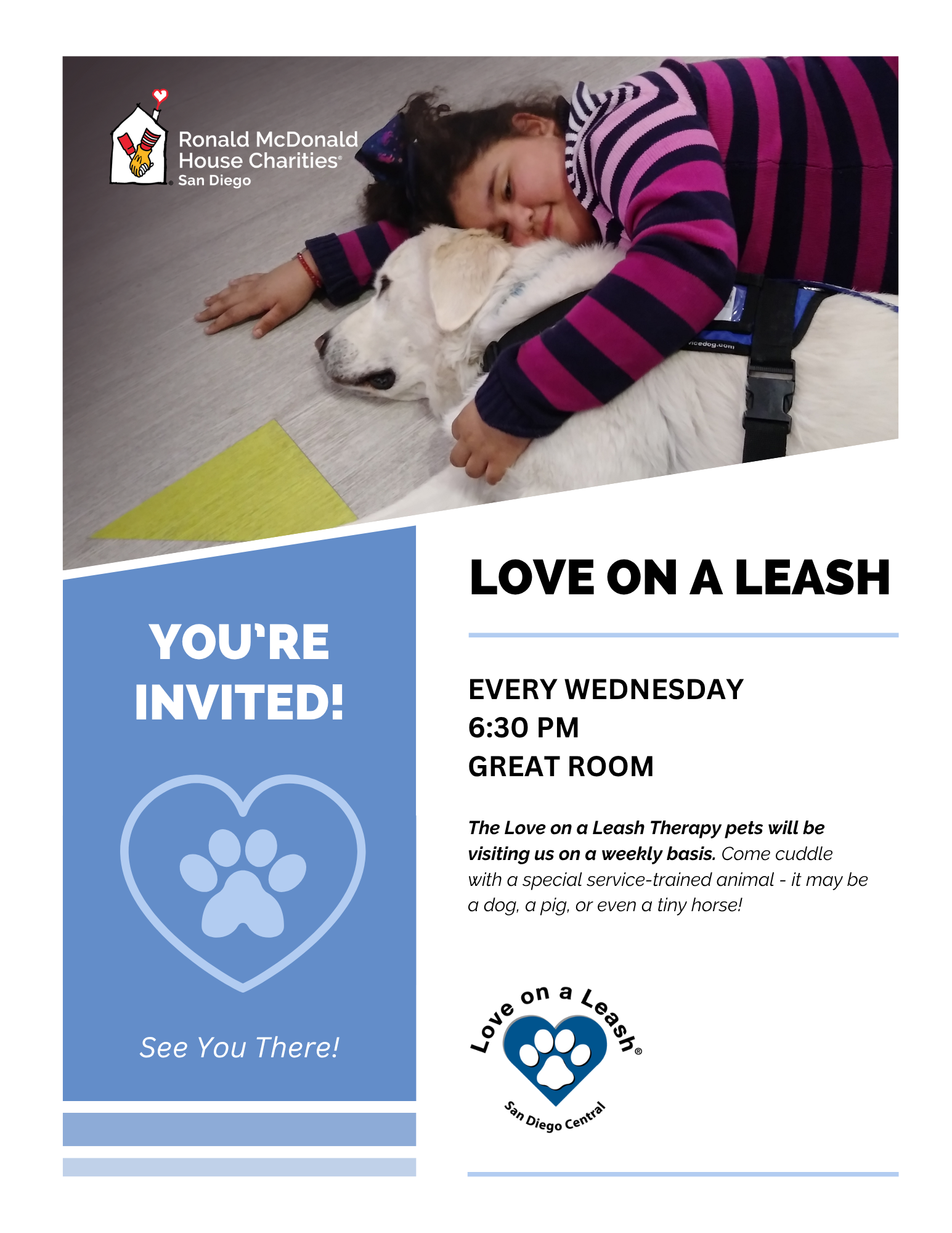 Girl cuddling with a dog, Love on a leash coming every wednesday at 6:30