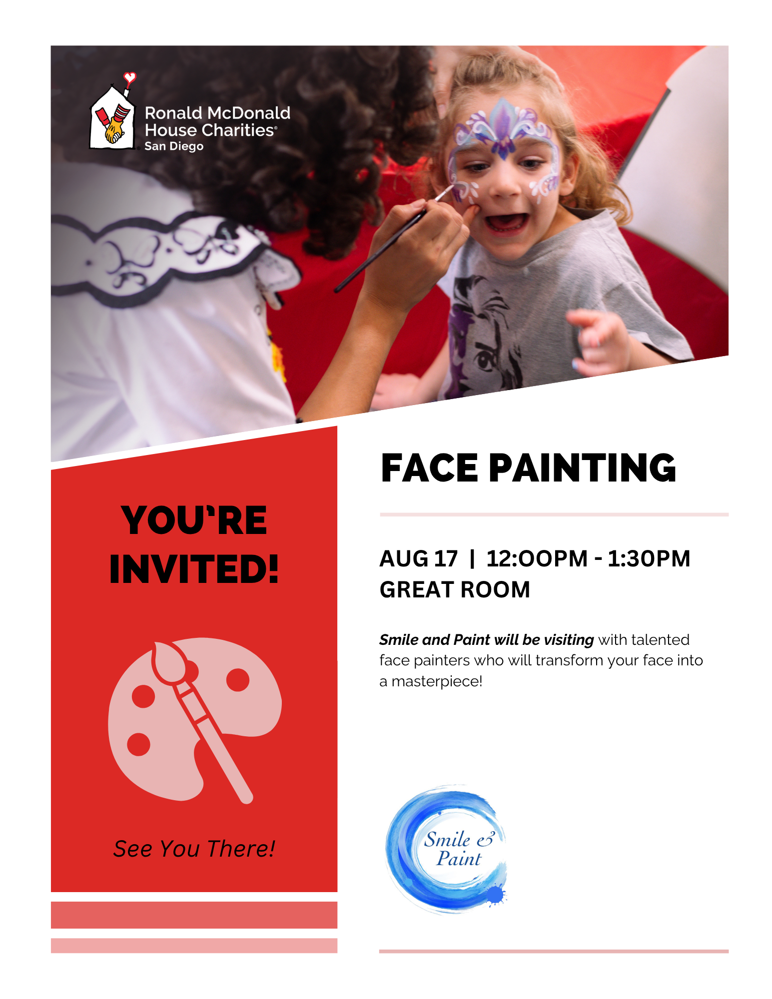Girl getting face painted by Smile and Paint on August 17 at 12pm