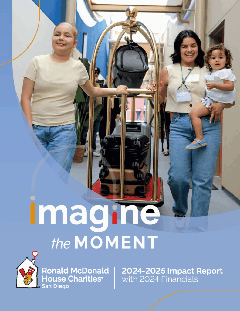 smiling teen, mom, and toddler sister moving suitcases down hall